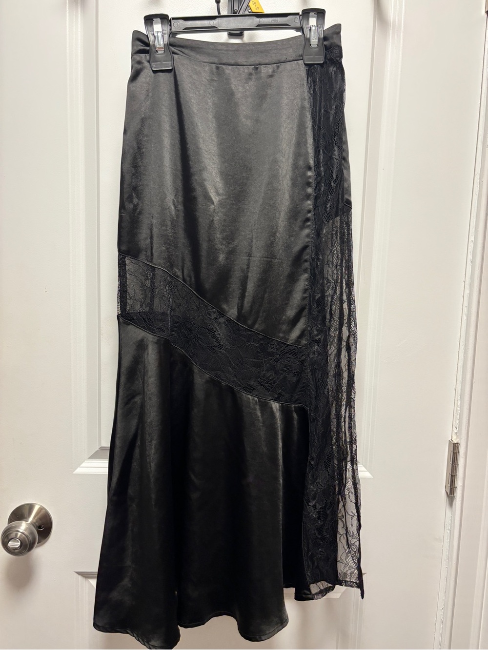 Black Lace-Panel Satin Midi Skirt